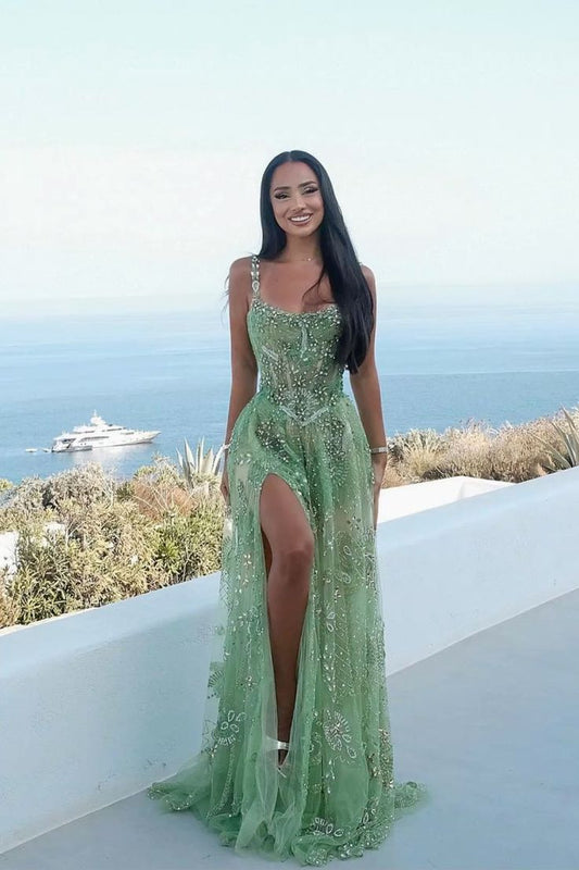 Classy Mermaid Square Neck Mint Green Sequin Beaded Long Prom Dresses Inspo Glitter Prom Gown RB1397