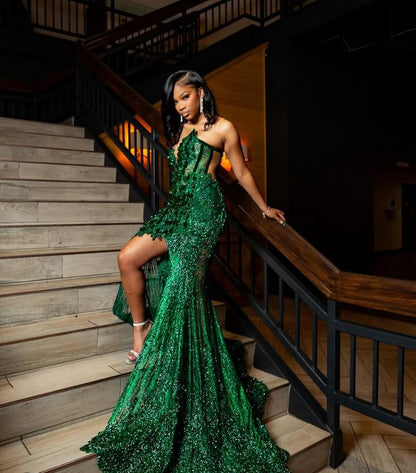 Special Mermaid Sweetheart Dark Green Sequin Sleeveless Beads Long Slit Prom Dresses Inspo Prom Gown RB1403