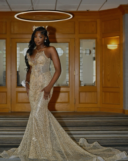 Chic Mermaid Sweetheart Gold Sequin Beaded Prom Dresses Party Dress 20th Birthday Outfits Graduation Dress RB1409