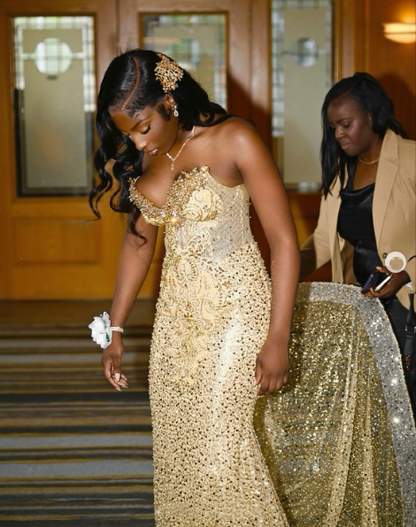 Chic Mermaid Sweetheart Gold Sequin Beaded Prom Dresses Party Dress 20th Birthday Outfits Graduation Dress RB1409