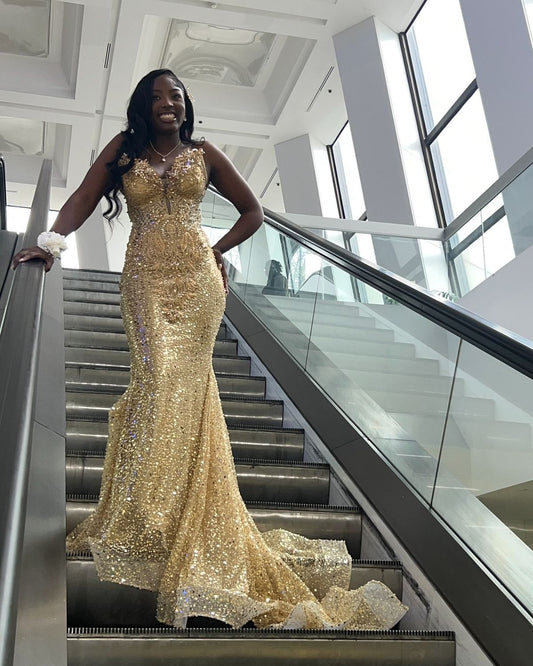 Chic Mermaid Sweetheart Gold Sequin Beaded Prom Dresses Party Dress 20th Birthday Outfits Graduation Dress RB1409