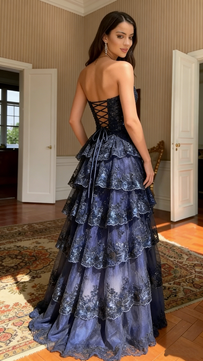 Special A Line Sweetheart Dark Navy Blue Lace Sequin Sleeveless Long Prom Dresses Inspo Prom Gown RB1410
