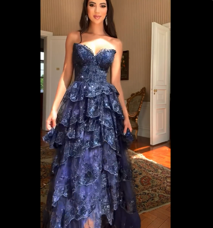 Special A Line Sweetheart Dark Navy Blue Lace Sequin Sleeveless Long Prom Dresses Inspo Prom Gown RB1410
