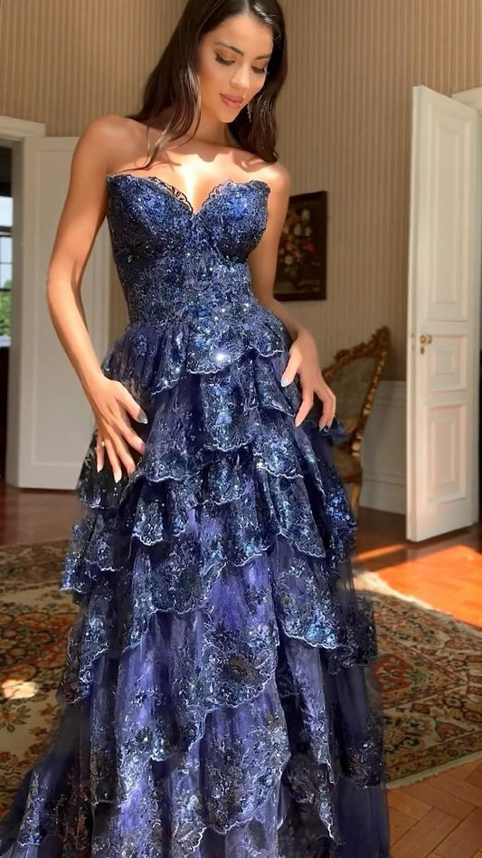 Special A Line Sweetheart Dark Navy Blue Lace Sequin Sleeveless Long Prom Dresses Inspo Prom Gown RB1410