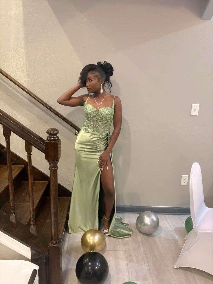 Classy Mermaid Spaghetti Straps Sage Green Lace Split Long Prom Dresses Inspo Glitter Prom Gown RB1421