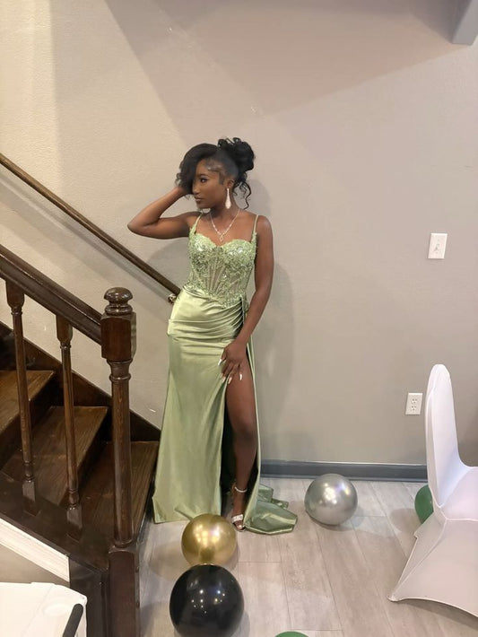 Classy Mermaid Spaghetti Straps Sage Green Lace Split Long Prom Dresses Inspo Glitter Prom Gown RB1421