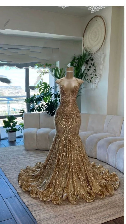 Fancy Mermaid Halter Gold Sequin Long Prom Dresses Inspiration Party Dress Prom Gown RB1425