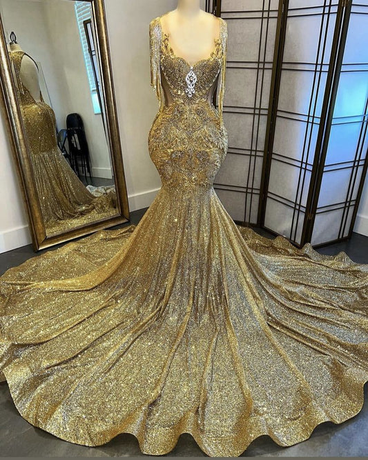 Fancy Mermaid V Neck Gold Sequin Long Prom Dresses Inspiration Party Dress Prom Gown RB1426
