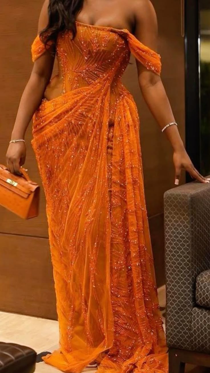 Classy Mermaid Off The Shoulder Orange Sequin Long Prom Dresses Inspo Glitter Prom Gown RB1439