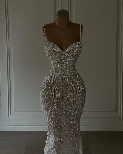 Sparkly Mermaid Spaghetti Straps White Sequin Beaded Wedding Dress Long Bridal Gown Wedding Dresses RB1442