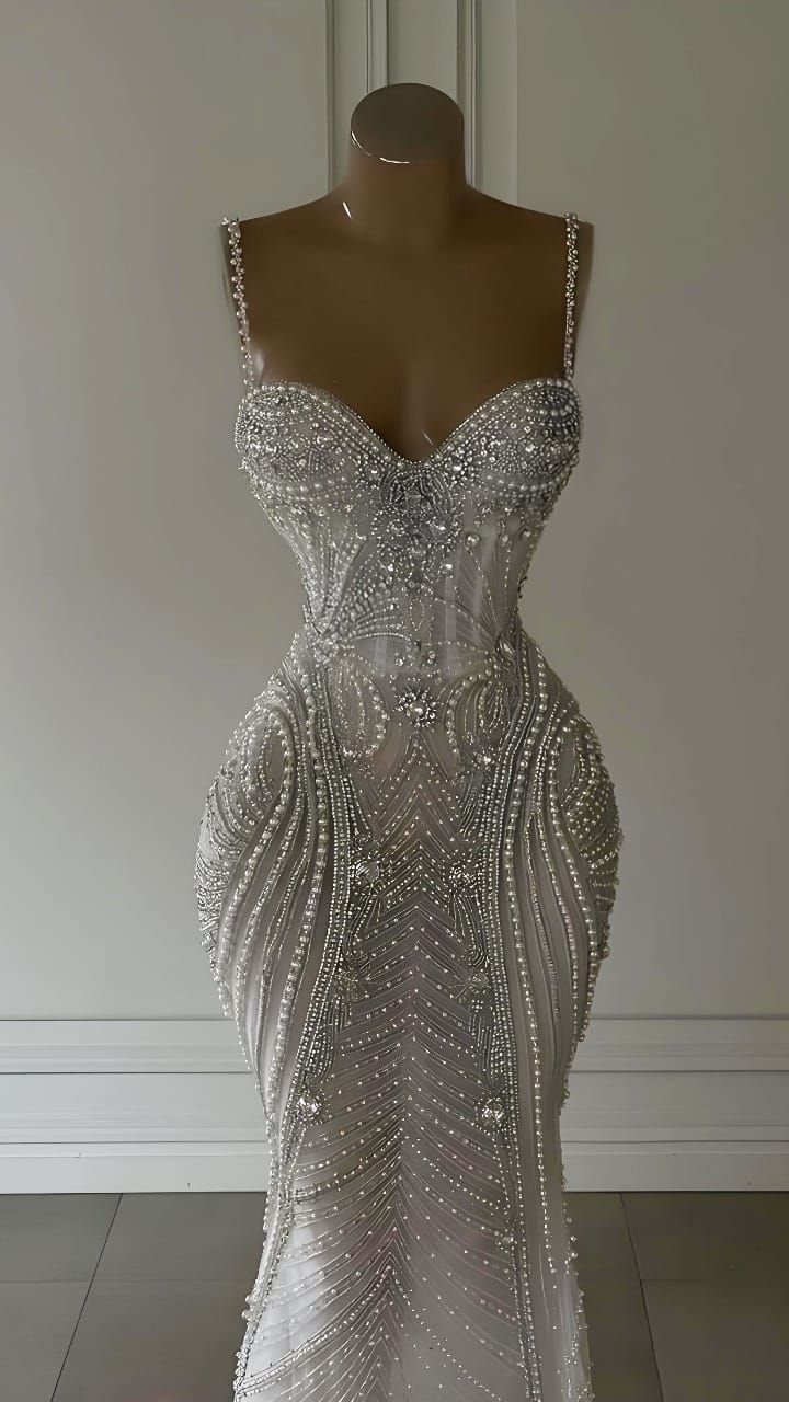 Sparkly Mermaid Spaghetti Straps White Sequin Beaded Wedding Dress Long Bridal Gown Wedding Dresses RB1442