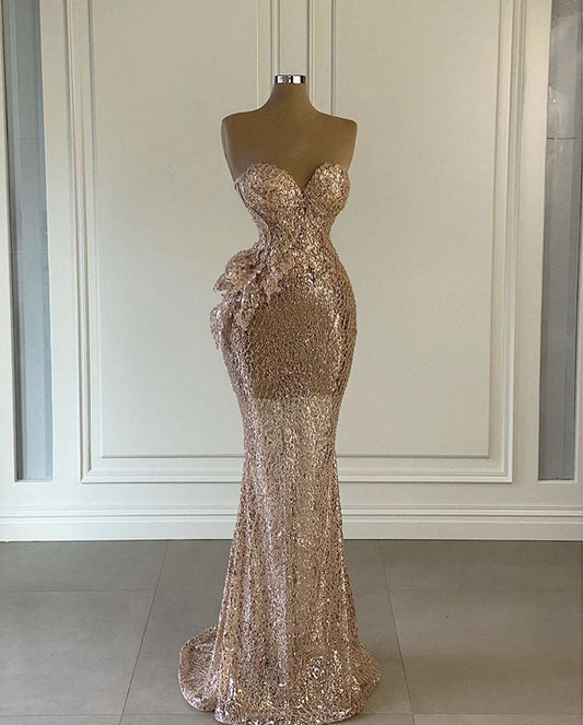 Glamour Mermaid Sweetheart Sequin Gold Prom Dresses Party Dress 20th Birthday Outfits Graduation Dress RB1446