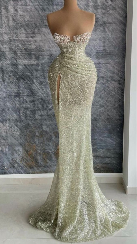 Glamour Mermaid Sweetheart Sequin Sage Green Split Prom Dresses Party Dress 20th Birthday Outfits Graduation Dress RB1447