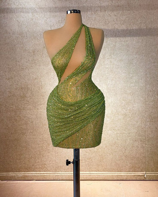 Trendy Sheath One Shoulder Green Sequins Short 16th Birthday Dress Homecoming Dresses Cocktail Gown RB1449