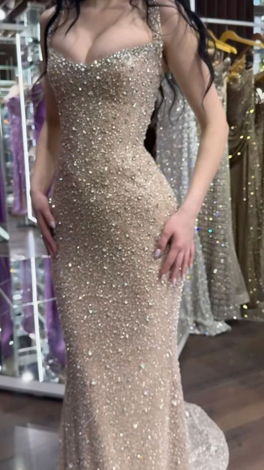 Sparkly Mermaid Square Neck Sequin Champagne Prom Dresses Party Dress 18th Birthday Outfits Graduation Dress RB1453