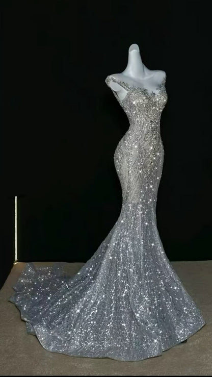 Romantic Mermaid Scoop Neck Silver Sequin Fitted Corset Beads Wedding Dress Long Bridal Gown Wedding Dresses RB1459