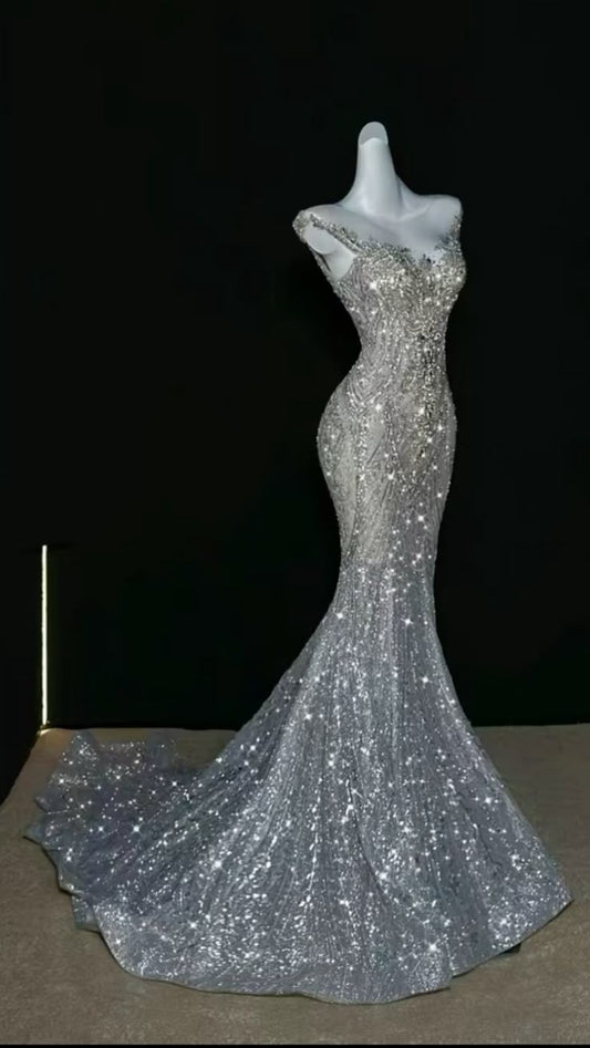 Romantic Mermaid Scoop Neck Silver Sequin Fitted Corset Beads Wedding Dress Long Bridal Gown Wedding Dresses RB1459