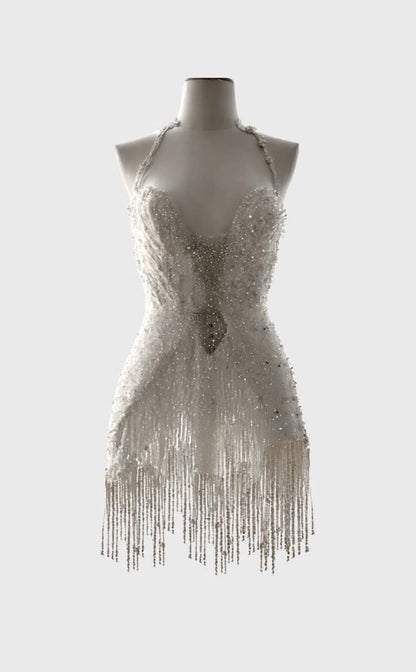 Sparkly A Line Halter White Sequin Beaded Wedding Dress Short Bridal Gown Wedding Dresses RB1462