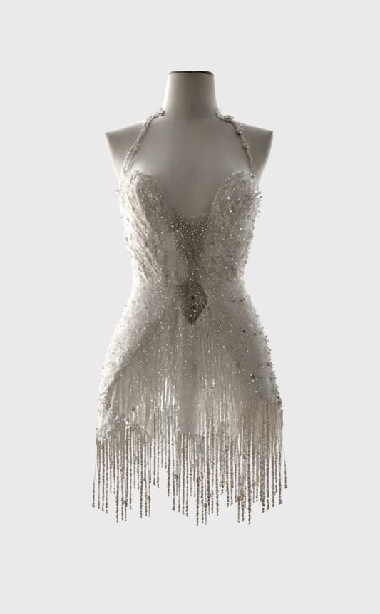 Sparkly A Line Halter White Sequin Beaded Wedding Dress Short Bridal Gown Wedding Dresses RB1462