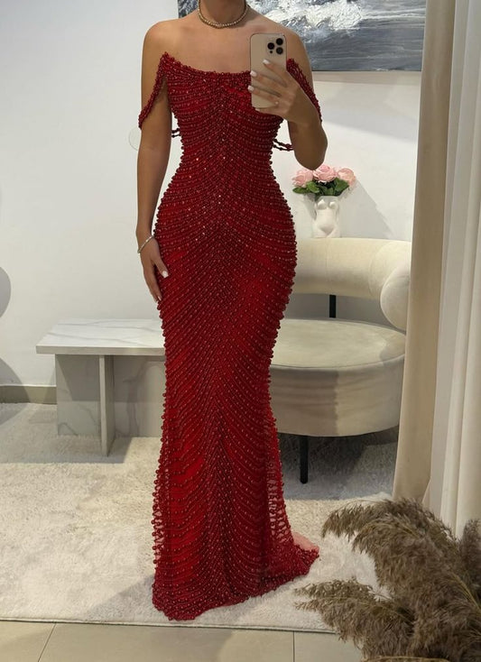 Classy Mermaid Off The Shoulder Red Beads Long Prom Dresses Inspo Glitter Prom Gown RB1467
