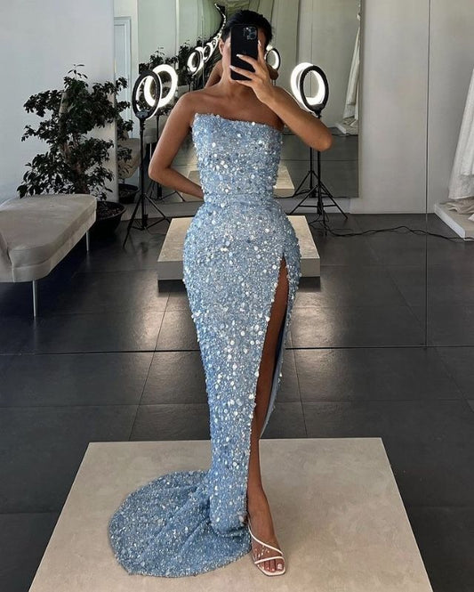 Sparkly Mermaid Strapless Sequin Light Sky Blue Split Prom Dresses Party Dress 18th Birthday Outfits Graduation Dress RB1470