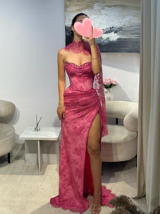 Cute Mermaid Sweetheart Lace Split Hot Pink Prom Dresses Party Dress 21st Birthday Outfits Graduation Dress RB1478