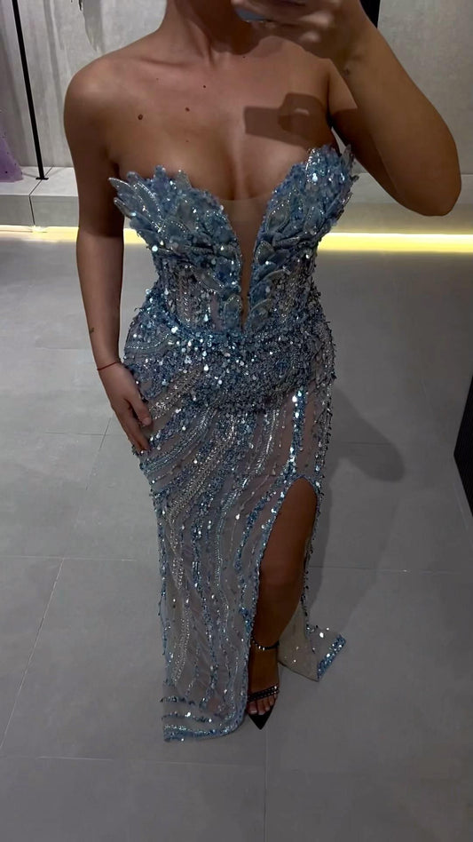 Elegant Mermaid Sweetheart Sequin Slit Beaded Blue Prom Dresses For Teens Party Dress 18th Birthday Outfits Prom Gown RB1493