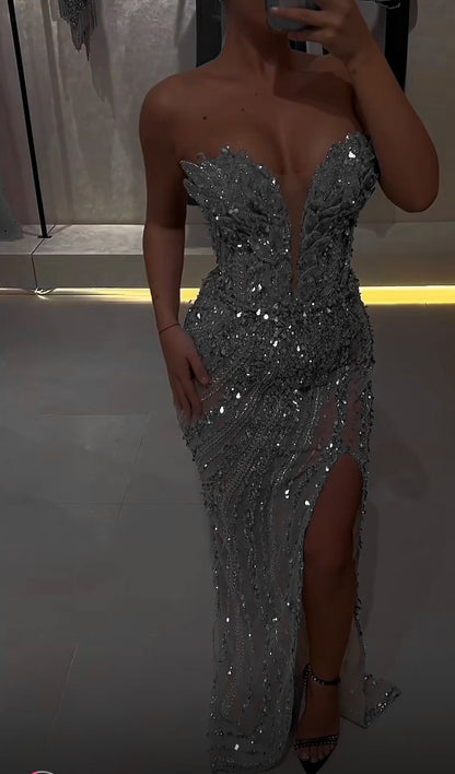 Gorgeous Mermaid Sweetheart Blue Slit Sequins Beaded Bodice Prom Dresses Long Formal Party Gown AB366