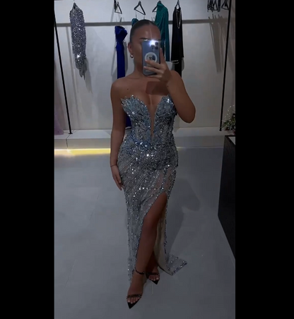 Elegant Mermaid Sweetheart Sequin Slit Beaded Blue Prom Dresses For Teens Party Dress 18th Birthday Outfits Prom Gown RB1493