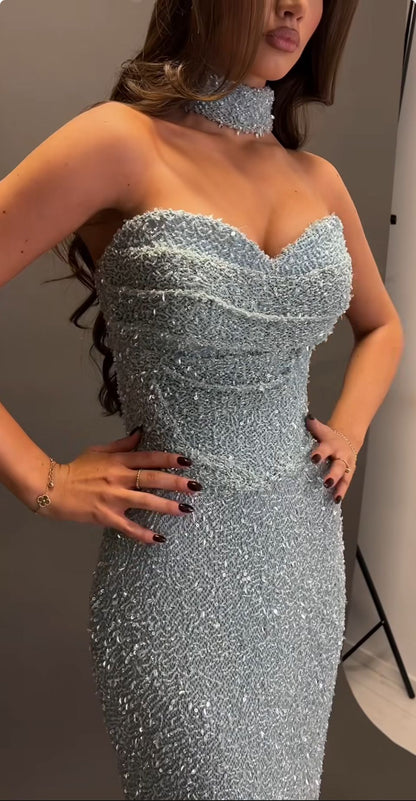Elegant Mermaid Sweetheart Sequin Light Sky Blue With Pleated Prom Dresses For Teens Formal Dress Birthday Outfits Prom Gown RB1504
