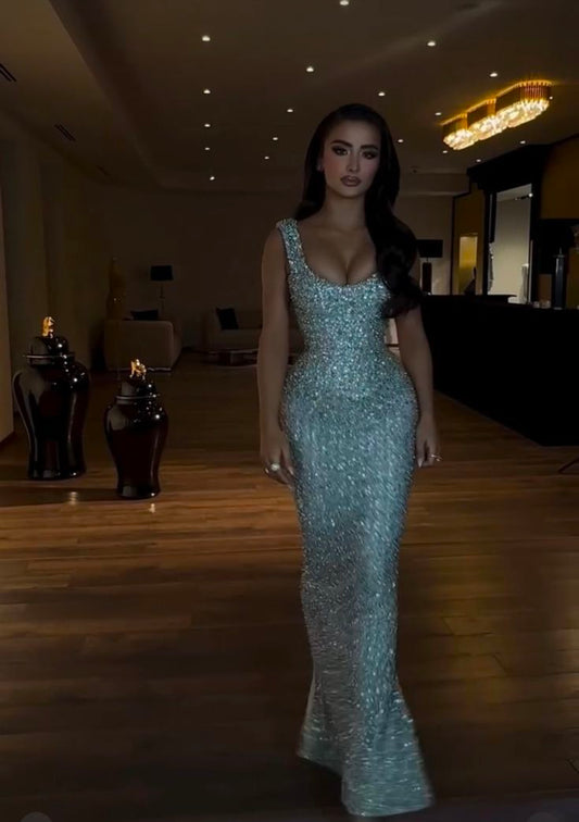 Glamour Mermaid Square Neck Sequins Long Prom Dresses Party Dress 20th Birthday Outfits Formal Dress RB1505
