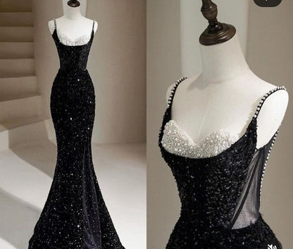 Glamour Mermaid Spaghetti Straps Black Sequin Long Prom Dresses Party Dress 20th Birthday Outfits Prom Gowns RB1511