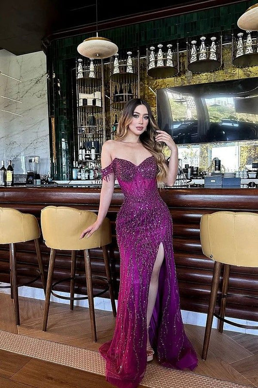 Ethereal Mermaid Off The Shoulder Grape Tulle Slit Prom Dresses Formal Dress 22th Birthday Outfits Prom Gown RB1517