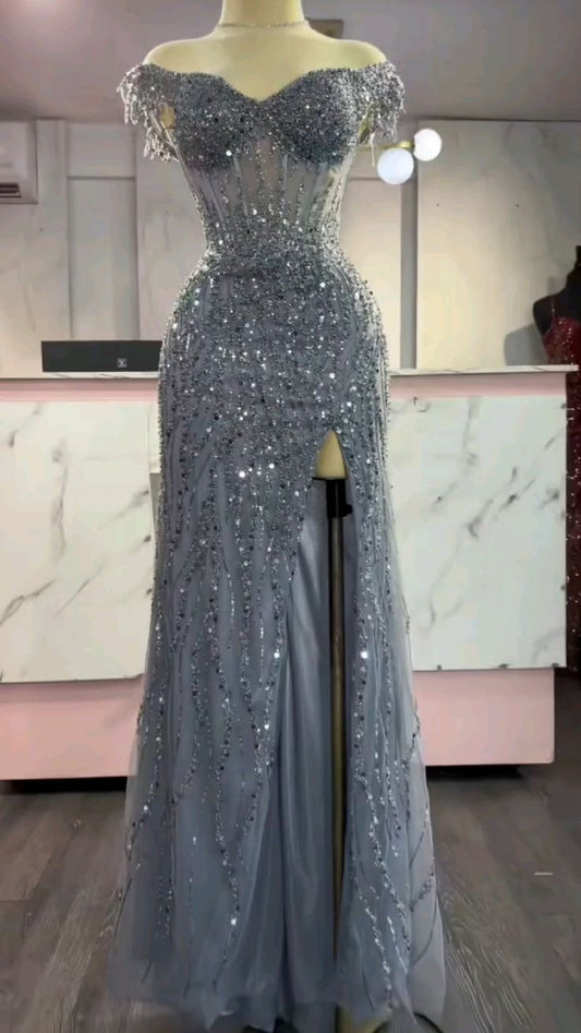 Ethereal Mermaid Off The Shoulder Gray Tulle Slit Prom Dresses Formal Dress 23rd Birthday Outfits Prom Gown RB1518