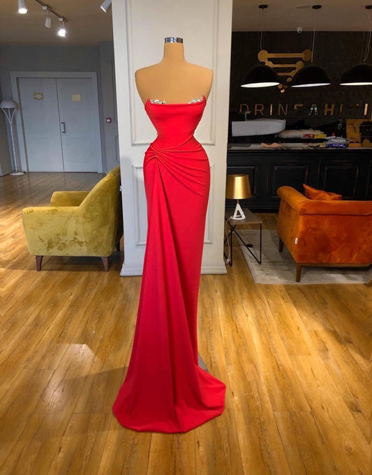 Classy Mermaid Strapless Red Pleated Long Prom Dresses For Teens Formal Dress 18th Birthday Outfits Prom Gown RB1536