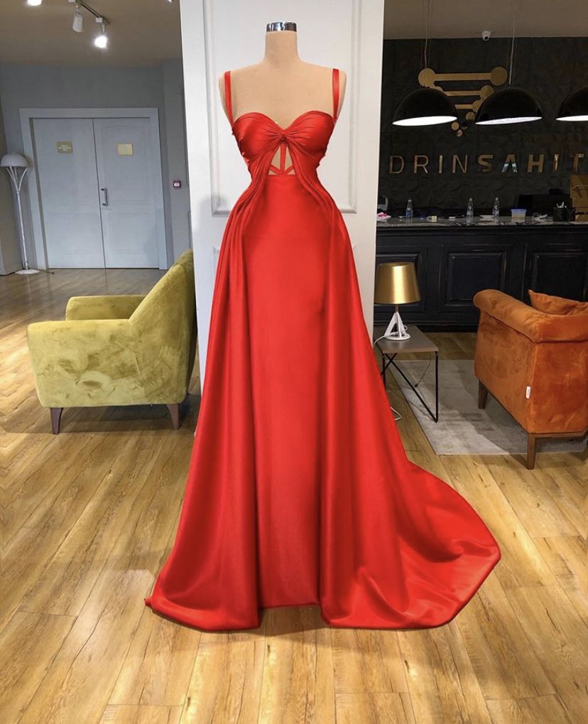Chic Mermaid Spaghetti Straps Satin Red Ruffles Long Prom Dresses Party Dress 20th Birthday Outfits Prom Gown RB1538