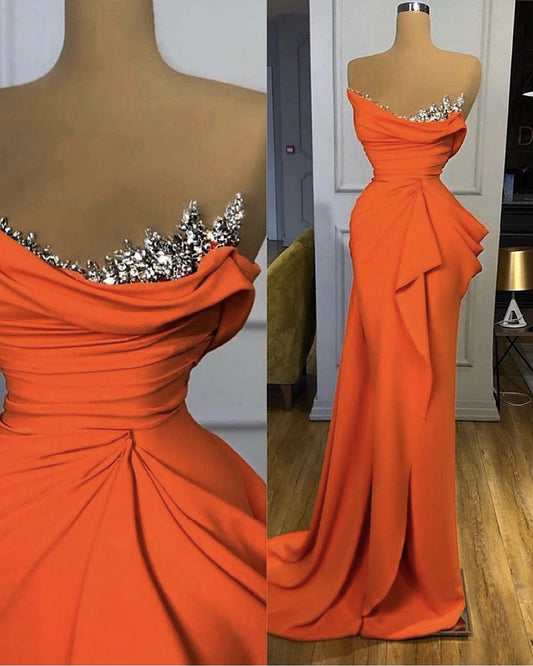 Modest Mermaid Sweetheart Orange Pleated Beaded Long Prom Dresses For Teens Formal Dress 20th Birthday Outfits Prom Gown RB1541
