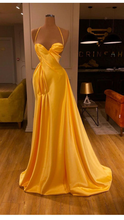 Chic Mermaid Spaghetti Straps Satin Yellow Ruffles Long Prom Dresses 20th Birthday Outfits Prom Gown RB1542