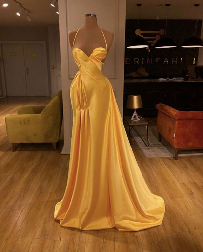 Chic Mermaid Spaghetti Straps Satin Yellow Ruffles Long Prom Dresses 20th Birthday Outfits Prom Gown RB1542