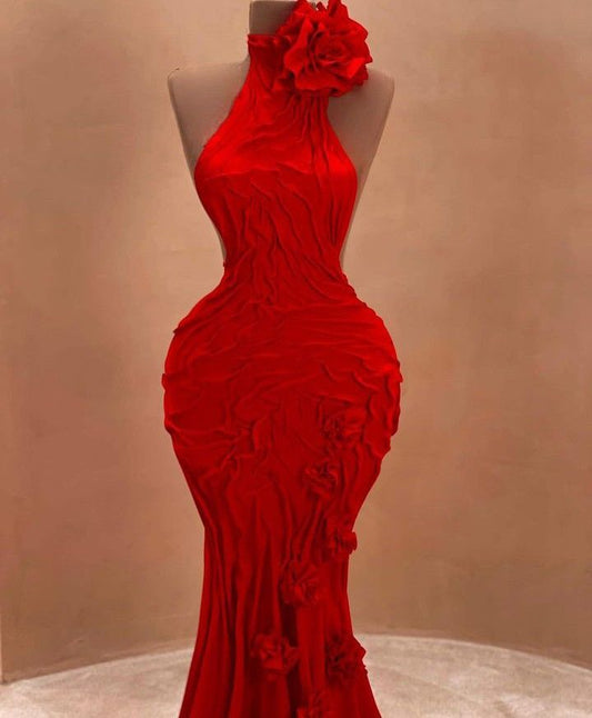 Princess Mermaid High Neck Red Satin Pleated Prom Dresses Impress 22th Birthday Outfits Prom Gowns RB1543