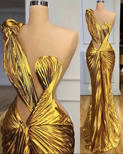 Chic Mermaid One Shoulder Satin Yellow Ruffles Long Prom Dresses 20th Birthday Outfits Prom Gown RB1544