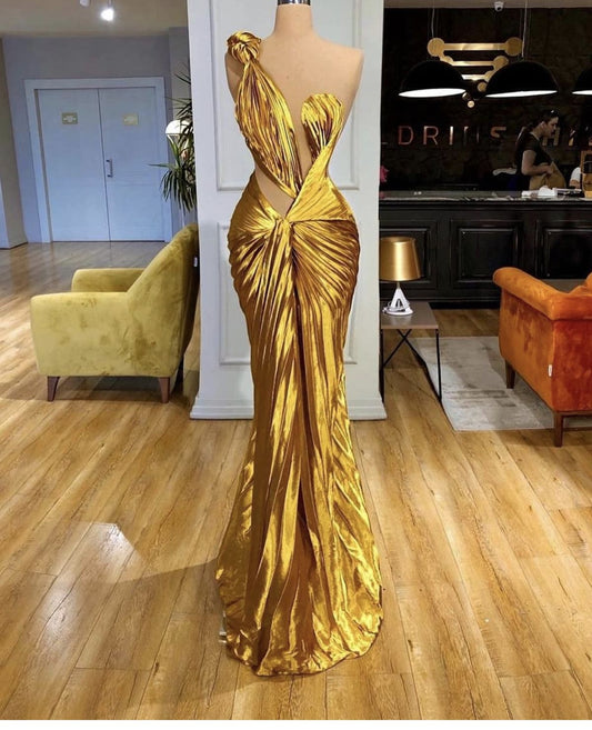 Chic Mermaid One Shoulder Satin Yellow Ruffles Long Prom Dresses 20th Birthday Outfits Prom Gown RB1544