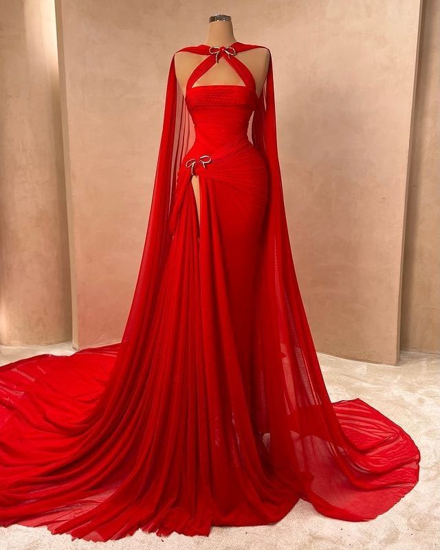 Modest Mermaid Strapless Red Pleated Bow Beaded Long Prom Dresses For Teens Formal Dress 20th Birthday Outfits Prom Gown RB1548