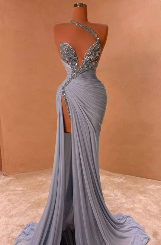 Modest Mermaid One Shoulder Light Sky Blue Pleated Chiffon Split Prom Dresses Impress 22th Birthday Outfits Prom Gowns RB1550