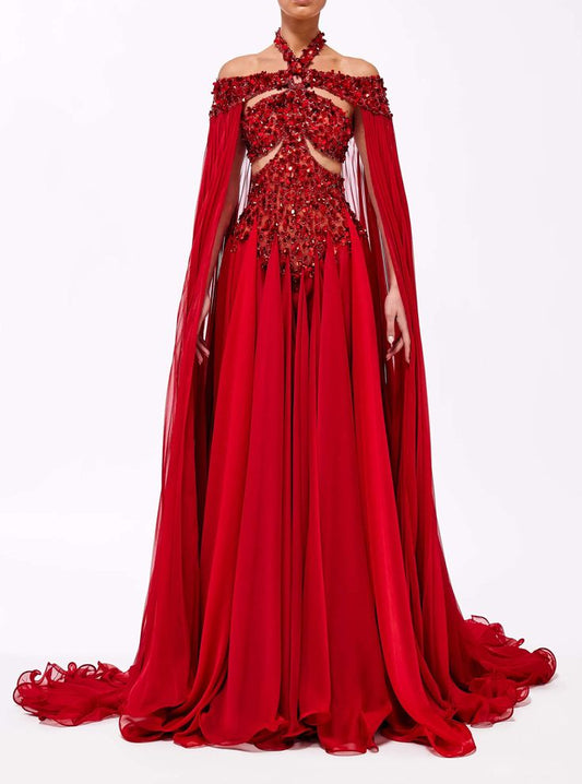 Modest A line High Neck Chiffon Red Pleated Beaded Long Prom Dresses For Teens Formal Dress 20th Birthday Outfits Prom Gown RB1554