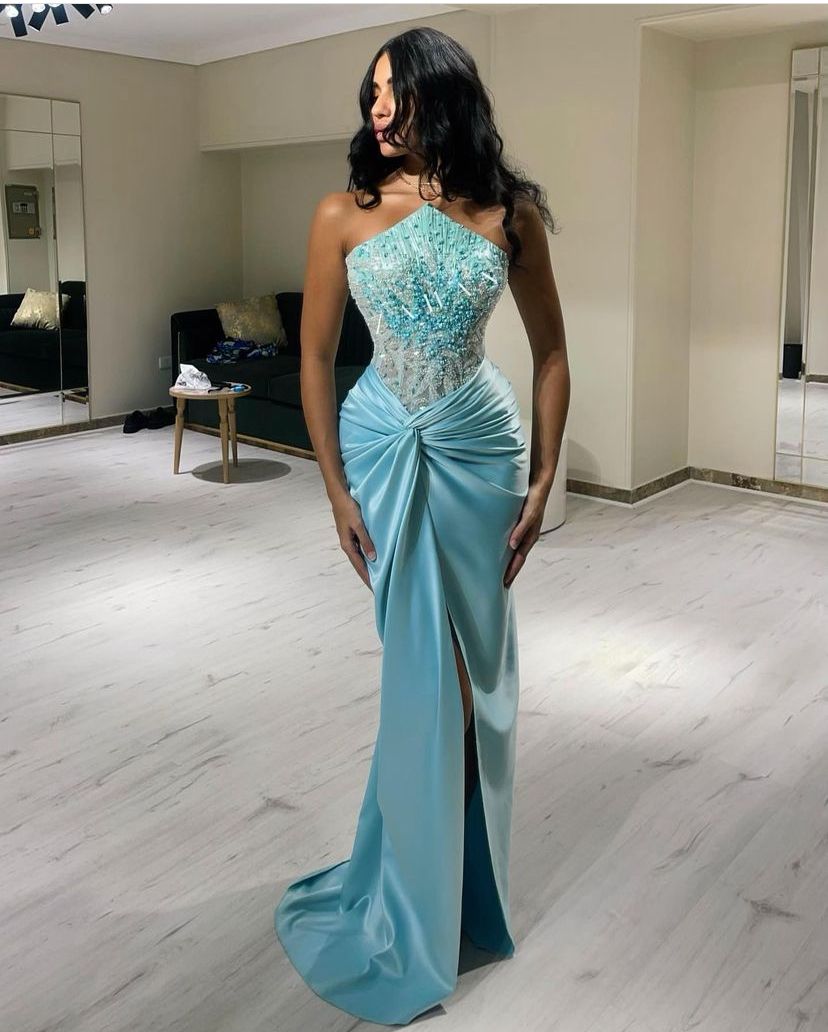 Modest Mermaid Strapless Blue Satin Pleated Beaded Long Prom Dresses For Teens Formal Dress 20th Birthday Outfits Prom Gown RB1557