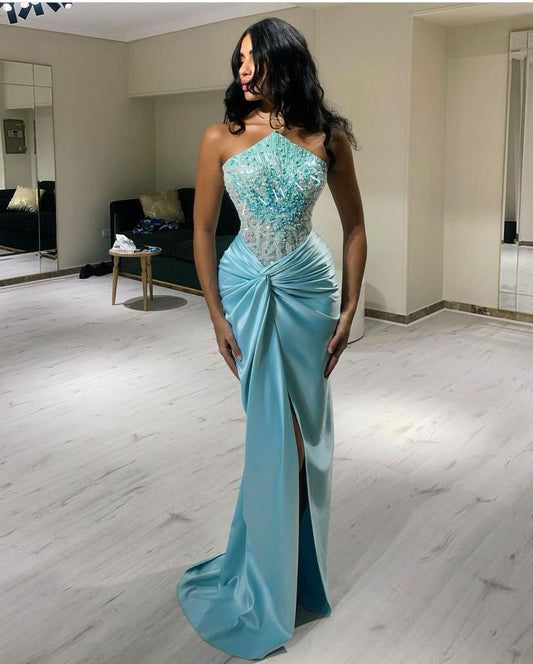 Modest Mermaid Strapless Blue Satin Pleated Beaded Long Prom Dresses For Teens Formal Dress 20th Birthday Outfits Prom Gown RB1557