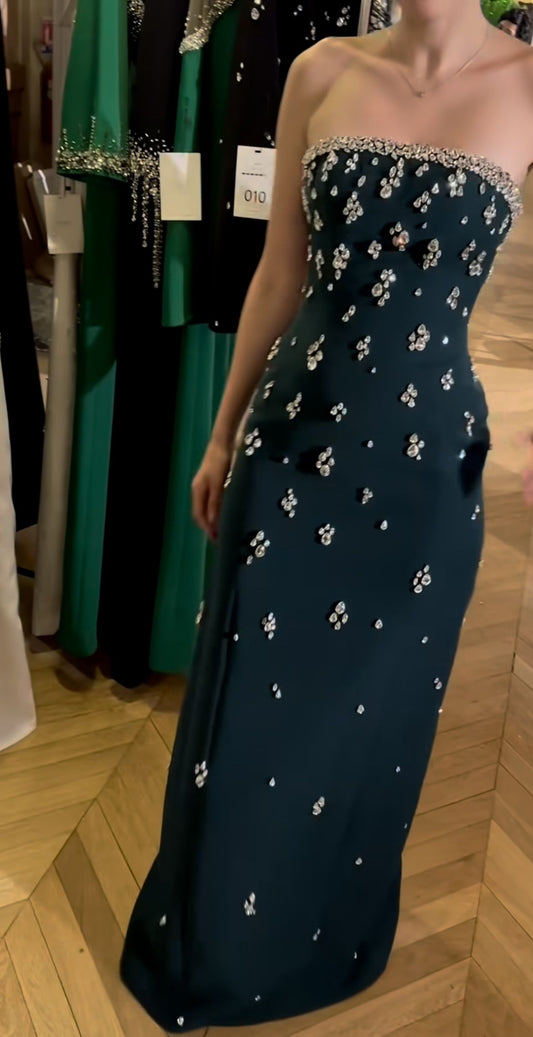 Modest Mermaid Strapless Dark Green Silver Beaded Long Prom Dresses Impress 22th Birthday Outfits Prom Gowns RB1560