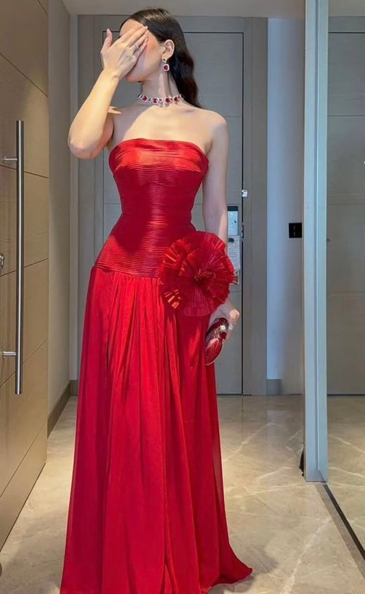 Modest A Line Strapless Red Pleated Flower Long Prom Dresses Impress 22th Birthday Outfits Prom Gowns RB1563