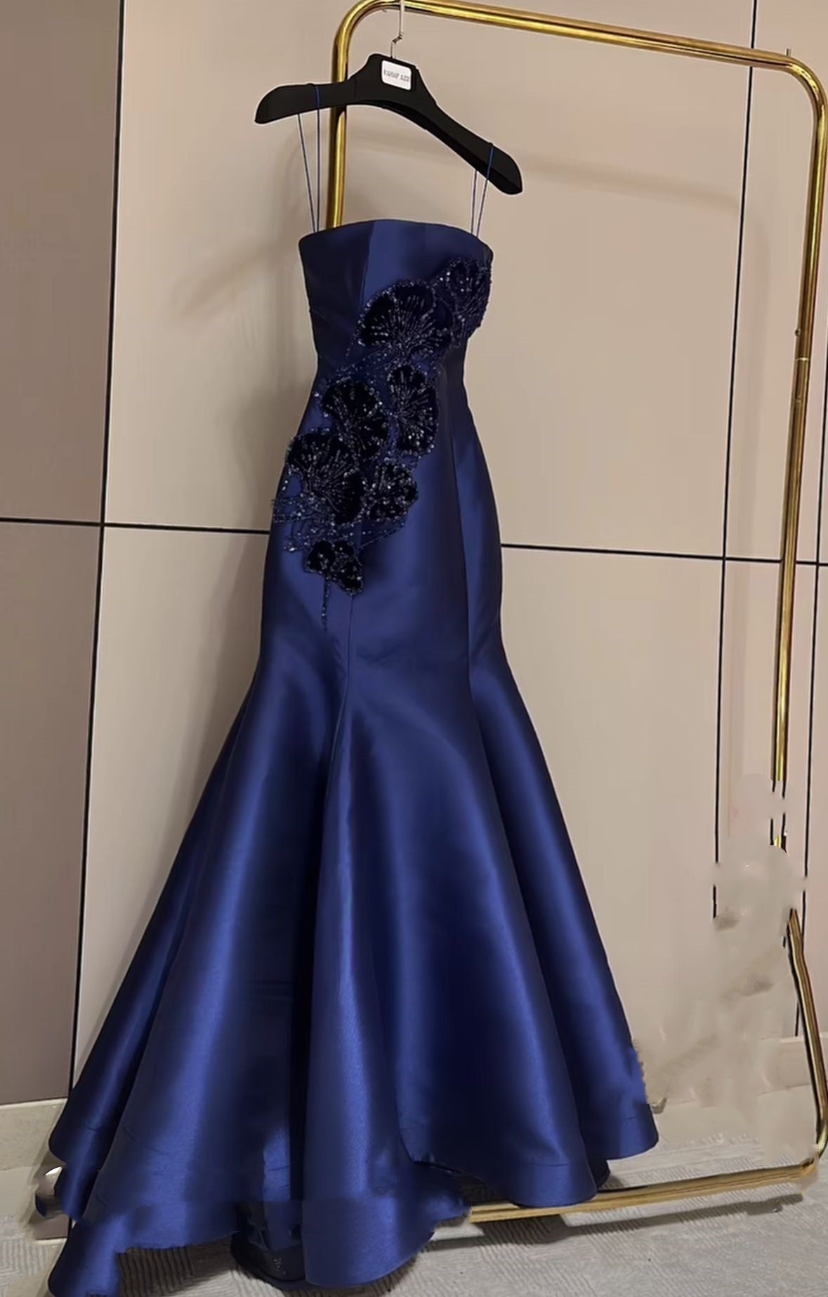 Ethereal Mermaid Strapless Navy Blue Beaded Satin Long Prom Dresses Formal Dress 23rd Birthday Outfits Prom Gown RB1566